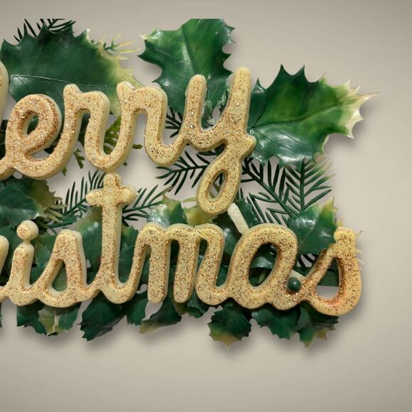 Vintage 1950s Gold Glitter “Merry Christmas” Plastic Sign with Poinsettias - Picture 4 of 5